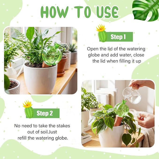 Teenyyou 3 Set Glass Self Watering Globes with Terracotta Self Watering Spike 12 oz Large Glass Waterer Bulbs Automatic Water Planter Insert Plant Water Device for Indoor Outdoor Plant(Green,Cactus)