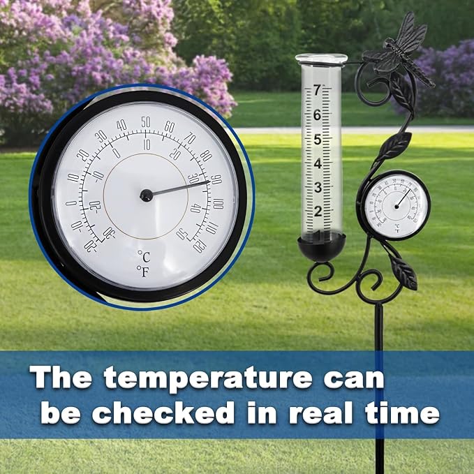 Rain Gauge Outdoor, Black Dragonfly Rain Gauge with Thermometer for Measuring Precipitation, Garden Decoration,Yard Garden Patio Lawn (Black Dragonfly)