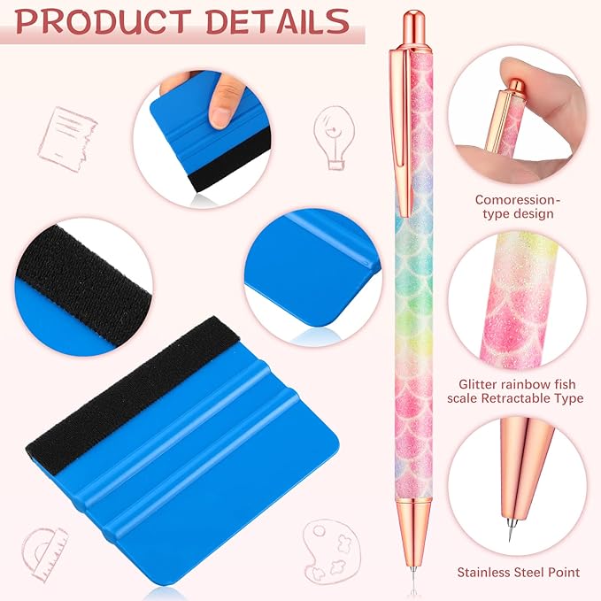 Chumia 8 Pieces Pin Pen Weeding Tool Vinyl Weeding Tool with Rainbow Retractable Air Release Pen and Refill Vinyl Squeegee Tweezers Weeders for Lettering Cutting Splicing Accessories