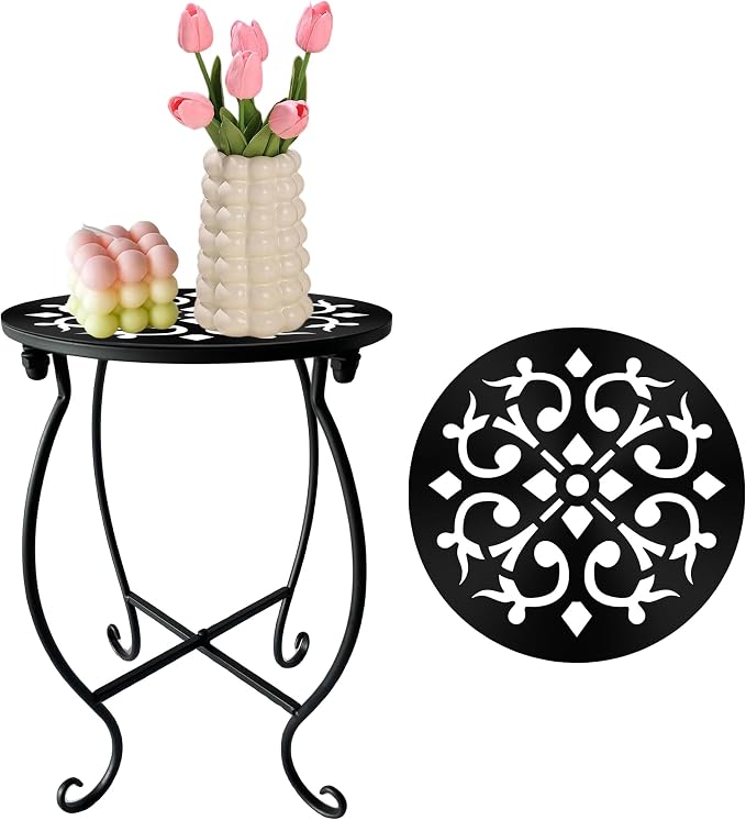 Small Outdoor Side Tables, 15" Tall 10" Round Patio Side Table, Metal Corner Plant Stand for Flower Pot, Rustproof Flower Plant Rack Holder for Home, Garden, Patio, Plant Lovers 1 Count