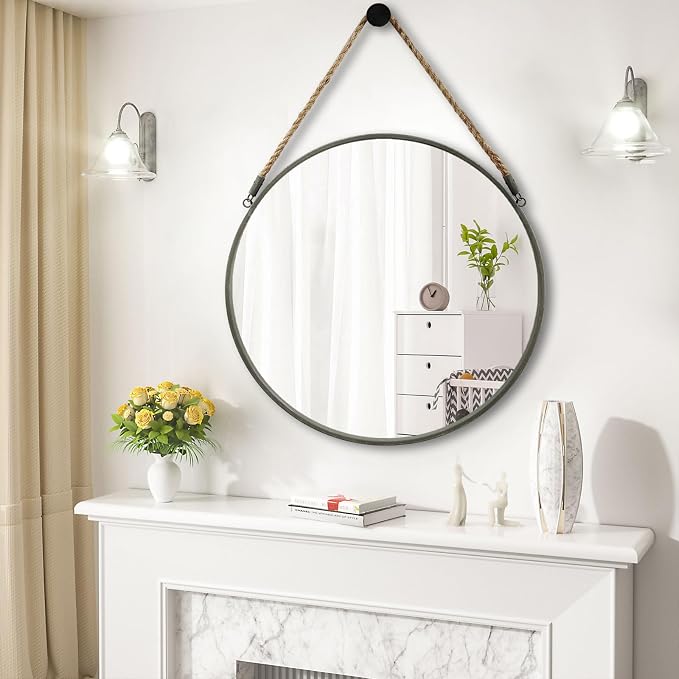 POZINO Round Mirror with Rope, 30 Inch Large Circle Hanging Mirror with Grey Metal Frame, Farmhouse Decorative Mirror for Bathroom Bedroom Living Room Entryway Fireplace