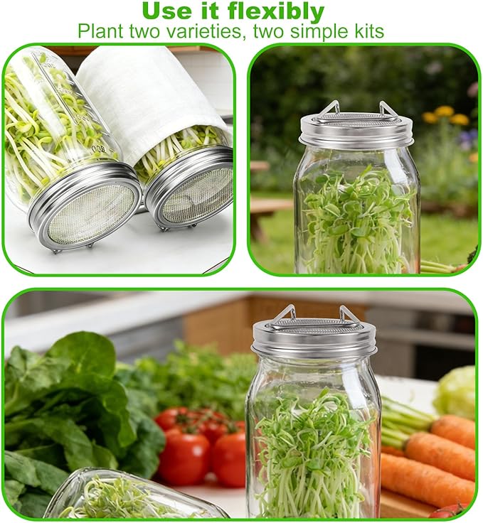 4pcs Sprouting Lids for Wide Mouth Mason Jars, Reusable Stainless Steel Sprout Growing Lid with Stand & Fine Mesh for Organic Alfalfa Broccoli Mung Bean Germination