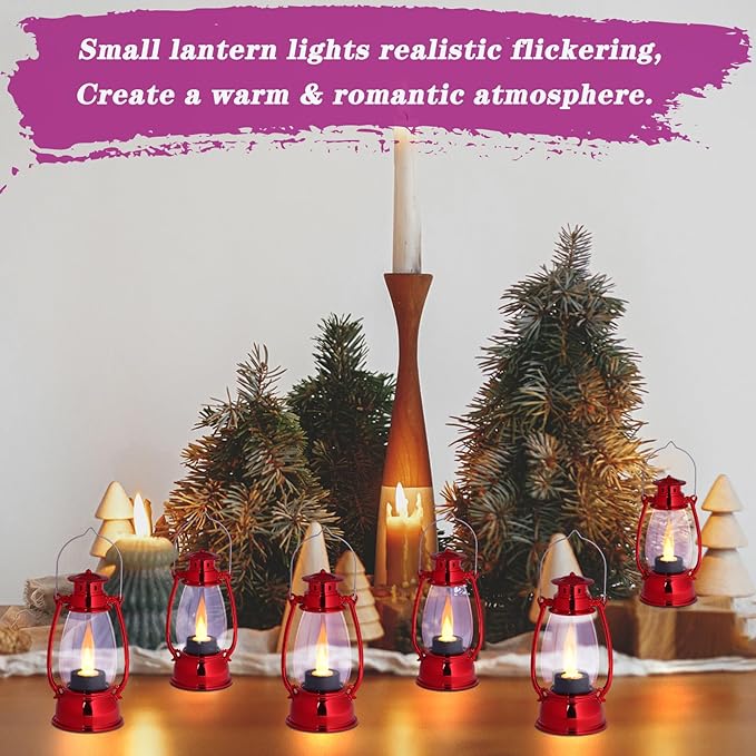 LLQ 12 Pack Vintage Decorative Lanterns, Red Mini Candle Lantern Decorative LED Candle Holders with Flameless Candles for Wedding Table Centerpieces, Christmas Party Outdoor Decorations