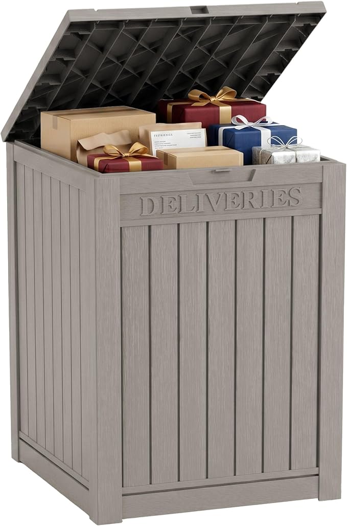 Outdoor Storage Box, 65 Gallon Package Delivery Boxes for Outside, with Lockable Secure, Deck Box Outdoor Waterproof for Entryway, Front Porch, Backyard, Garden, Patio, Lawn, Grey