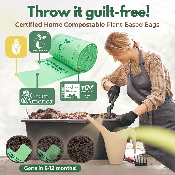 AIRNEX Compostable Kitchen Trash Bags 13 Gal - Cornstrarch Leakproof & Tear Resistant 50 Compost Bags - OK Compost Home & Seedling Certified 0.25 mm Kitchen Garbage Bags