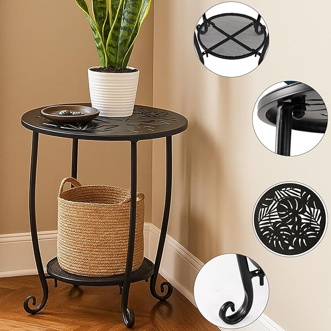 2-Tier Metal Round Side Table Black Accent Coffee Tables Small Space Corner Plant Stand Shelf for Indoor Outdoor Porch Patio Balcony Living Room End Table with Storage, Rust-Proof