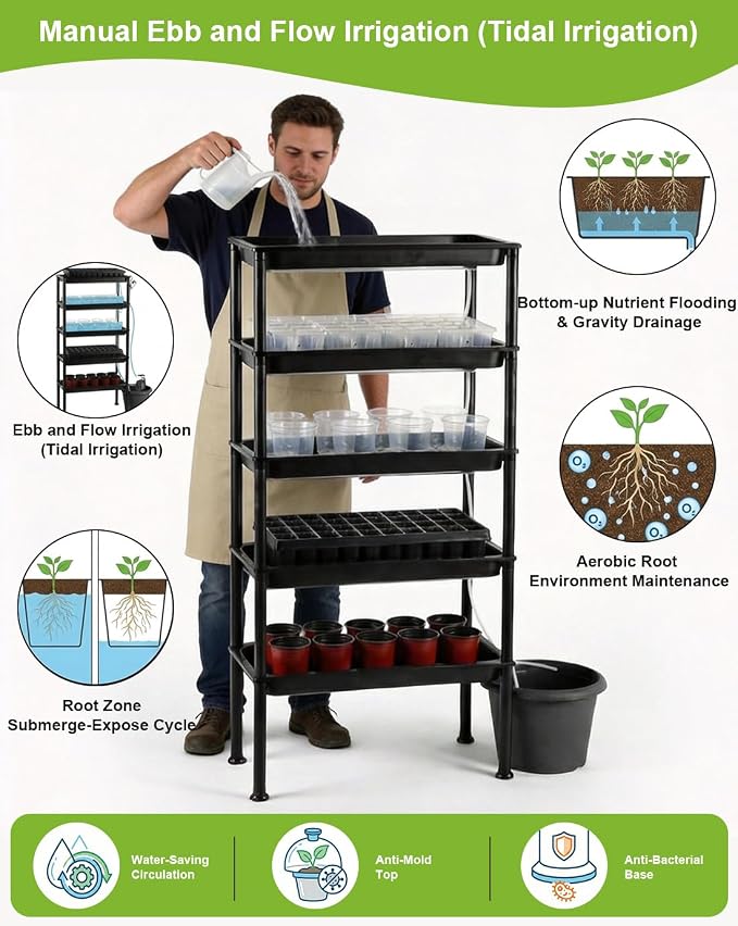 RooTrimmer 5-Tier Hydroponics Growing System, Plant Stand with Grow Lights, Ebb and Flow Seedbeds, Siphoning Watering, Designed for Nursery Cell Trays, Plant Pots