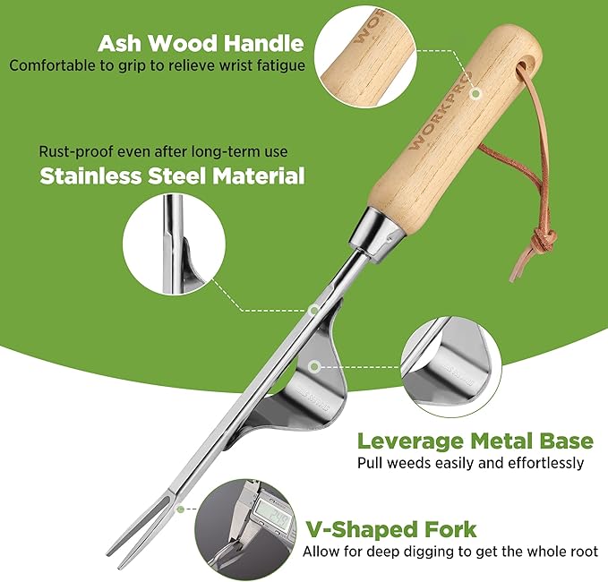 WORKPRO Weed Puller Tool, Metal Leverage Base and V-Shaped Forks for Easy Weed Removal & Deeper Root Digging, Heavy Duty Stainless Steel with Soft Handle, Manual Hand Weeder for Gardening