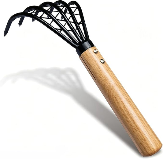 Garden Rake 5-Claw Landscape Dethatcher Thatching Beach Combing Rake for Digging Clam Shell Defoliation Hoe Garden Tool for Loosen The Soil (Brown)