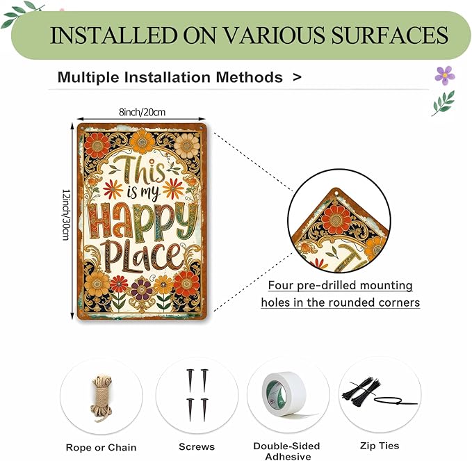 Vintage Garden Signs, Garden Gifts for Women, This Is My Happy Place Garden Decor, Weatherproof Aluminum Metal Sign for Patio Yard Office Bedroom, Boho Wall Decor 8x12 Inch