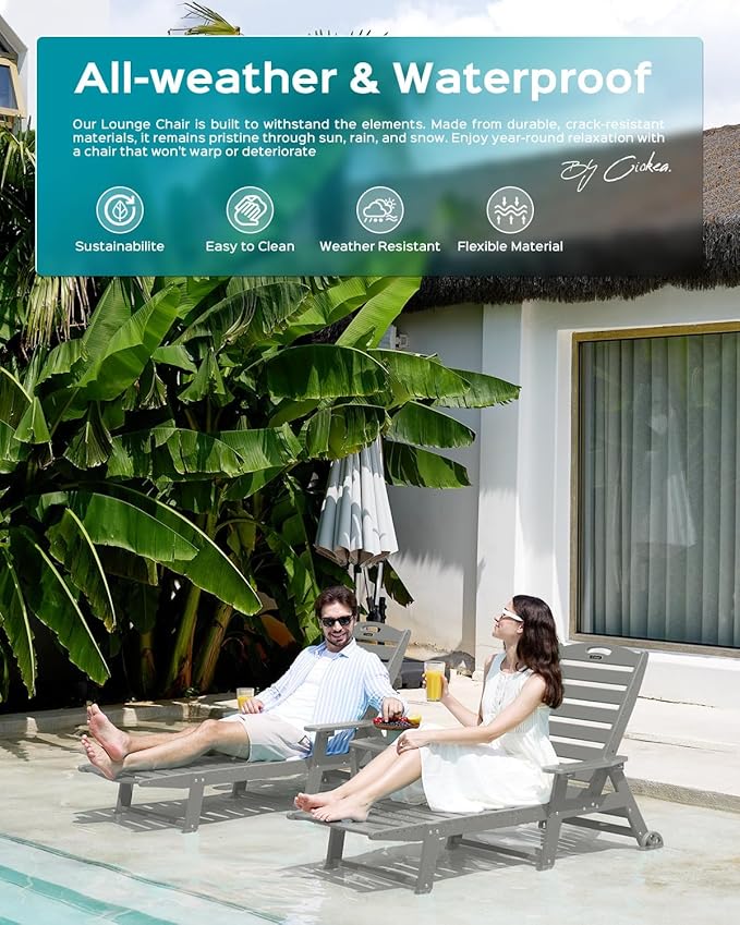Ciokea Outdoor Chaise Lounge Chair Set of 2, Patio Lounge Chairs for Outside, HDPE Lounge Chairs with Wheels & Cup Holder, Poly Lounge Chair with 5 Position for Poolside, Deck, Grey