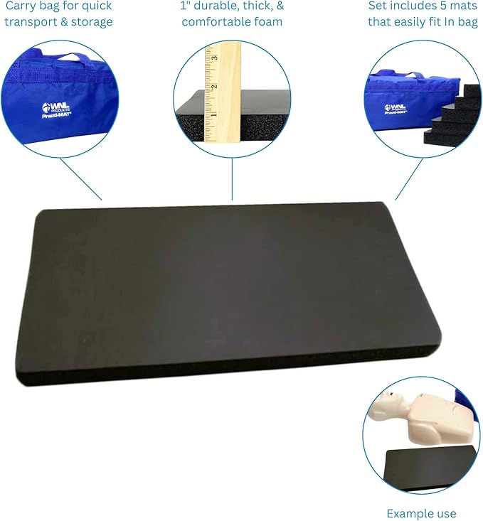 WNL Products Practi-MAT Kneeling Padded Mat for CPR Training, CPR Training Accessories Knee Pad - Pack of 5 with Carry Bag