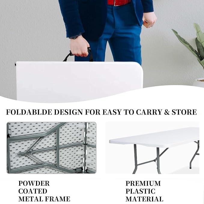Folding Table 6ft Foldable Table with Built in Handle & Steel Legs / 6FT Heavy Duty Folding Portable,Perfect for Party, Dining Indoor/Outdoor Events, Tailgating & Backyard BBQ, White