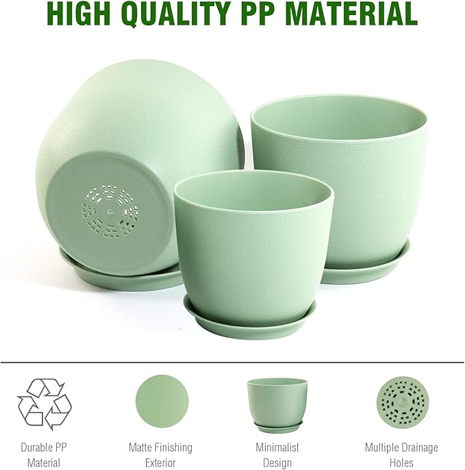 WSMKSZ Flower Pots 9/8/7.5 inch, Plant Pots for Indoor Outdoor Plants, Set of 3 Modern Decorative Plastic Planters with Drainage Holes and Saucers for Garden Porch House Plants, Green