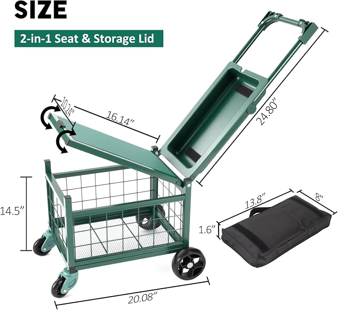 Rolling Garden Work Seat with Wheels, Heavy Duty Gardening Cart with Seat, Garden Stools for Seniors, Outdoor Wagon on Wheels for Lawn, Patio, and Backyard