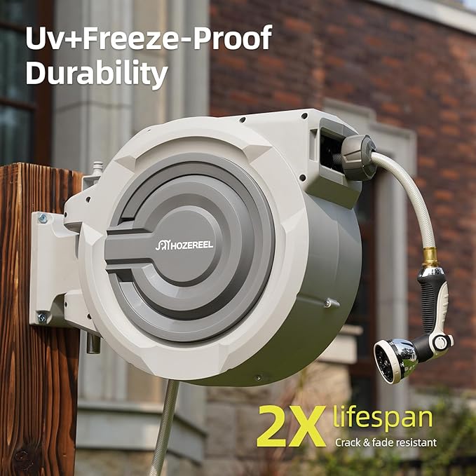 72 FT x 1/2" Retractable Garden Hose Reel by HOZEREEL, UV Resistant Hose Reels - Automatic Slow Self Retract Wall Mount Hose Reel Enclosed Storage, Any Length Lock 180° Swivel, 10 Pattern Nozzle