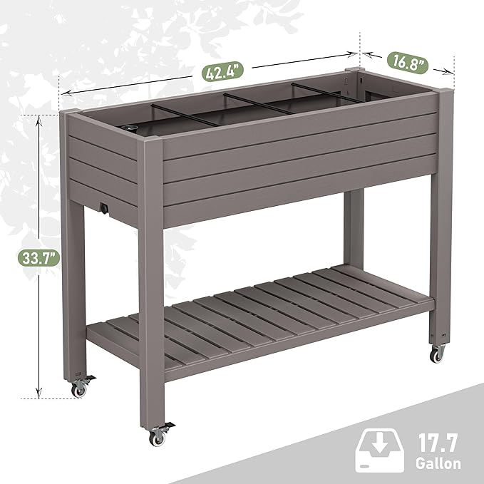 33.7" Tall Raised Garden Bed with Wheels, Divisible Plastic Planter Box with Drainage Gauge & Storage Shelf, Herb Garden Planter for Garden Patio Backyard, Gray (33.7" h)