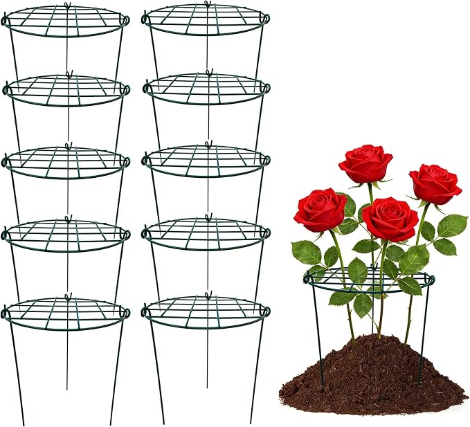 10 Pack 12 x 16 inch Poeny Cage Grow Through Grid Plant Brace Flower Support Rings,Round Metal Plant Stakes Rings, Strong Large Garden Supports for Flowers, Peonies, Rose, Lily