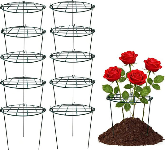 10 Pack 12 x 16 inch Poeny Cage Grow Through Grid Plant Brace Flower Support Rings,Round Metal Plant Stakes Rings, Strong Large Garden Supports for Flowers, Peonies, Rose, Lily