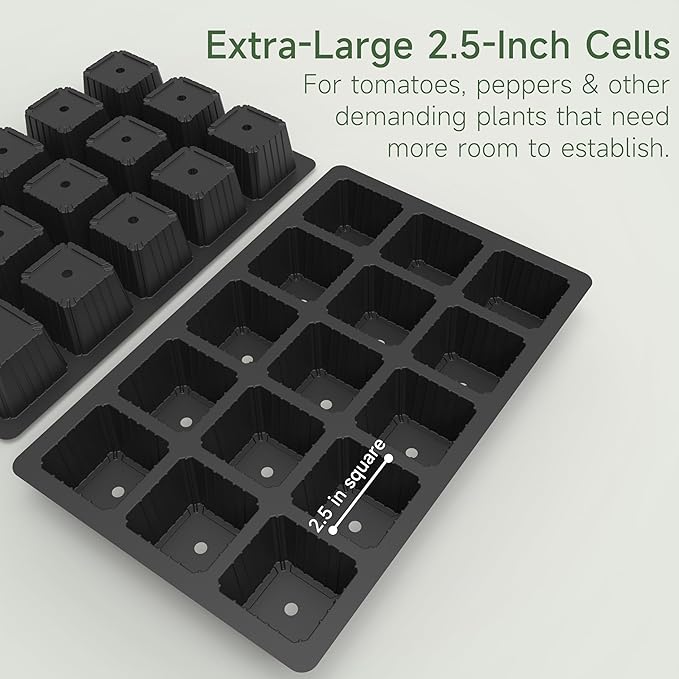 Gardzen 5-Pack Seed Starter Kits, Reusable Plant Germination Trays with Total 75-Cell, Seed Starter Tray with Humidity Vented Domes and Bases for Starting Vegetable Flower Herb Seeds 15" x 9", Black