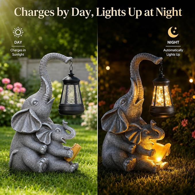 Candieslife Solar Elephant Garden Statue with Lantern, Outdoor Resin Elephant Figurine Lights for Yard Patio Porch Lawn, Weather-Resistant Garden Decor Sculpture, Gifts for Mom Women Grandma