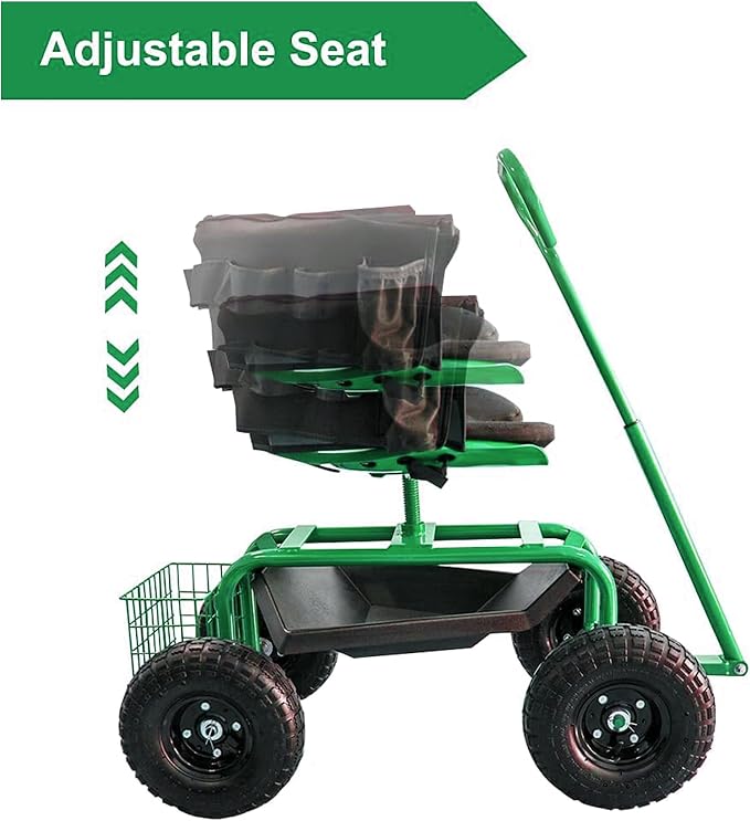 THUNDERBAY Garden Cart Rolling Workseat with Wheels, 360 Degree Swivel Seat, Wagon Scooter with Steering Handle & Utility Tool Tray for Planting, with Storage Basket and Tool Pouch, Green