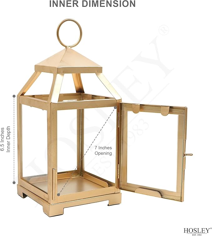 Hosley 12 Inch High Clear Glass and Iron Classic Style Lantern Ideal Gift for Festivities Parties Weddings Aromatherapy and Spa Settings-Gold