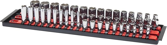 Ernst Mfg 18-Inch Organizer 3 Rail Socket Boss (8451) - Toolbox Organization Tray - SAE & Metric Storage with labels, 57 Twist-Lock Clips for 1/4-inch, 3/8-inch, & 1/2-inch Drive Sets, Blue (Patented)