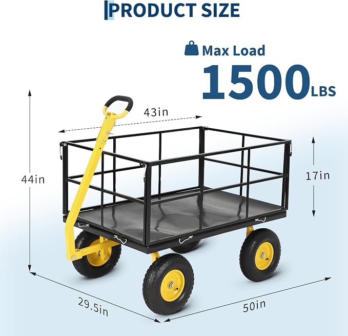 Garvee 1500 LB Garden Dump Cart with 13 in All Terrain Tires, 3-in-1 Yard Wagon Cart with Removable Side Panels, Heavy Duty Outdoor Metal Utility Wagon Yard Trailer for Outdoor Lawn, Yard, Backyard