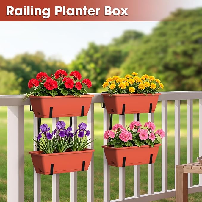 Rectangle Planters Box, 4 Pack Deck Hanging Planters for Railings, Window Box Planter with Drainage Holes & Trays, 16.9 Inch Balcony Planters Railing Hanging with Metal Brackets, Red