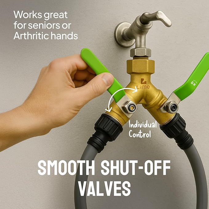2-Way Hose Splitter – Heavy Duty Brass Y Connector with Stainless Steel Rubbered Handle, 3/4” GHT Thread – Full Flow Garden Hose Splitter for Outdoor Faucets
