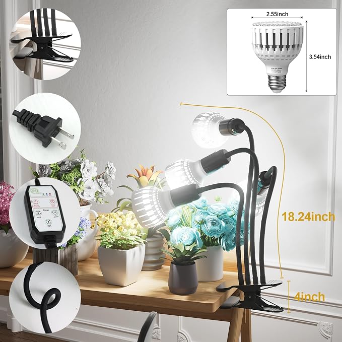 GooingTop Grow Light,24W (160Watts Equiv) 5000K White Full Spectrum LED Growing Lamp Clip on Desk for Indoor Plants,Bulbs Replaceable & Non-dimmable (Black, 320W)