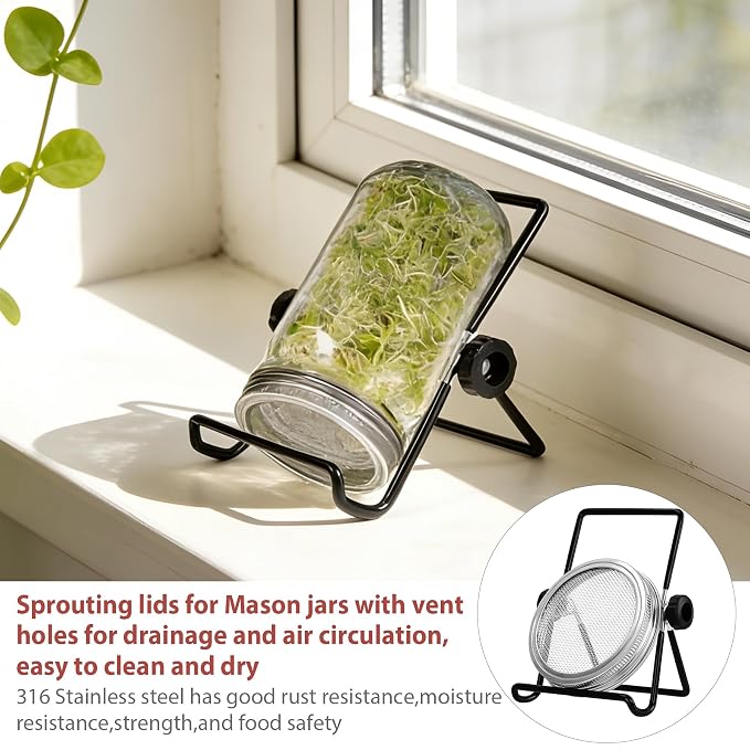 6 Pack Sprout Lids for Mason Jars Kit 316 Stainless Steel – 86mm Wide Mouth With 9 Mesh Filters & 4 Adjustable Stands – Easy Swap for Organic Broccoli, Alfalfa, Mung Bean Sprouts