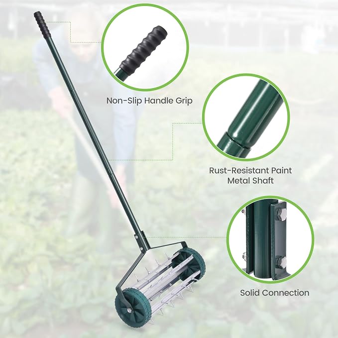 GYMAX Lawn Aerator, 17inch Heavy Duty Rolling Aerator with Sharp Spikes & Anti-Slip Handle, Push Grass Aerator for Lawn, Garden, Yard, Manual Aerator Tool (Basic)
