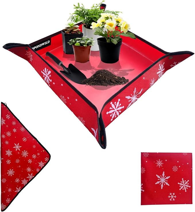 Plant Transplanting Mat - Thickened Waterproof Potting Mat, Succulent Gardening Mat, Portable Repotting Mat for Mess Control, Indoor Outdoor Use, PVC Red Snowflake, 39.5 x 39.5 Inches