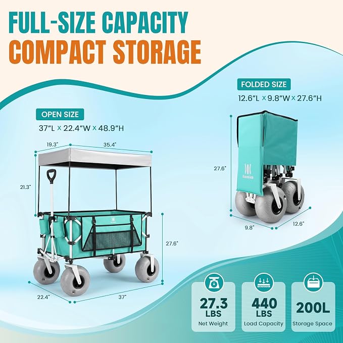 Navatiee Beach Wagon with Big Balloon Wheels for Sand, 200L Extra Large Beach Cart with Canopy, 440Lbs Heavy Duty Folding Wagon Collapsible with 9" Tires & Side Pocket for Beach, Outdoor, Light Blue