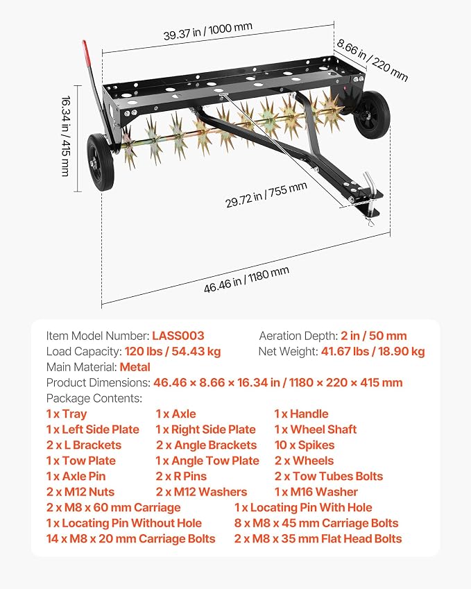 VEVOR Tow Behind Plug Aerator, 40 in Lawn Spike Aerator with Universal Hitch, 150lbs Weight Capacity, Heavy Duty & Rust-Resistant, Pull Behind Aeration Tool with Tray for Farmland & Garden Tractors