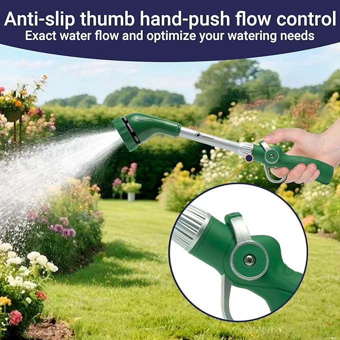 HugeDawn Garden Hose Wand, 16-Inch Heavy Duty Zinc Alloy & Aluminum Watering Wand with 8 Spray Patterns Thumb Control for Hanging Baskets, Garden, Cleaning (Green)
