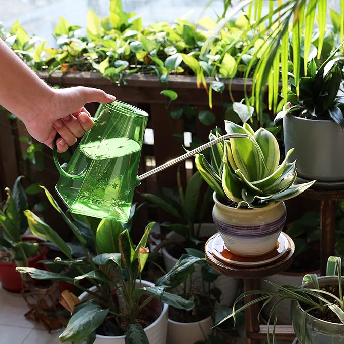 Goowin Watering Can Indoor Plants, 47 oz Long Spout House Plant Flower Watering Can, Creative Wide Opening Plastic Watering Can with 16 oz Spray Bottle & 8.5 oz Squeeze Bottle, Green