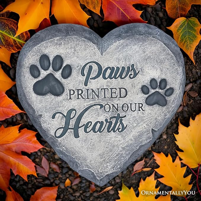 OrnamentallyYou Elegant Resin Stepping Stone, Outdoor Garden Pathway Decoration (Paws Printed on Our Hearts Memorial Stepping Stone for Pet, 9.5" Dog Funeral and Pet Cemetery Decor)