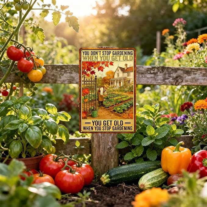 Funny Gardening Sign,"You Don't Stop Gardening When You're Old" Vintage 8x12 Inch Tin Sign Birthday Present for Mom, Grandma, Plant Lover, Retired Gardener Gift (3009)