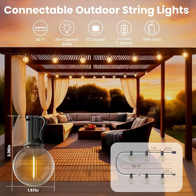 RTTY Outdoor String Lights 50 FT, Patio Light with 26pcs G40 Shatterproof LED Bulbs, Waterproof Hanging Globe Lighting Connectable for Cafe Bistro Backyard Porch Gazebo Balcony Deck Party