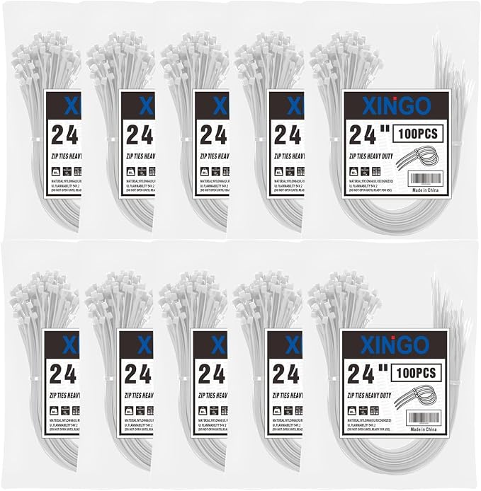XINGO 1000 PCS 24 Inch White Zip Ties Heavy Duty, 60lb Tensile Strength, UV Resistant Cable Ties for indoor and outdoor use
