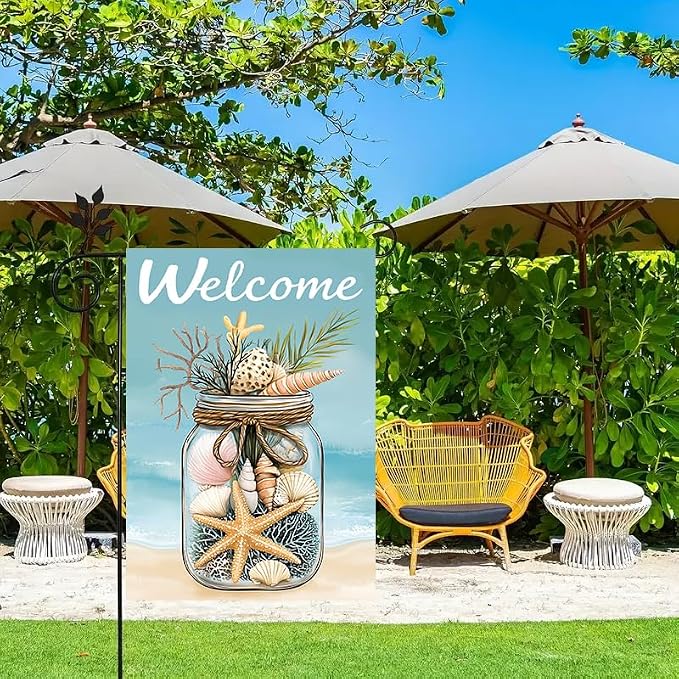 Summer Welcome Garden Flags 12x18 Double Sided Outside | Small Burlap Seasonal Tropical Farmhouse Porch Flags Yard Decorations, Outdoor Beach Pool Decor, Beach Shell Design
