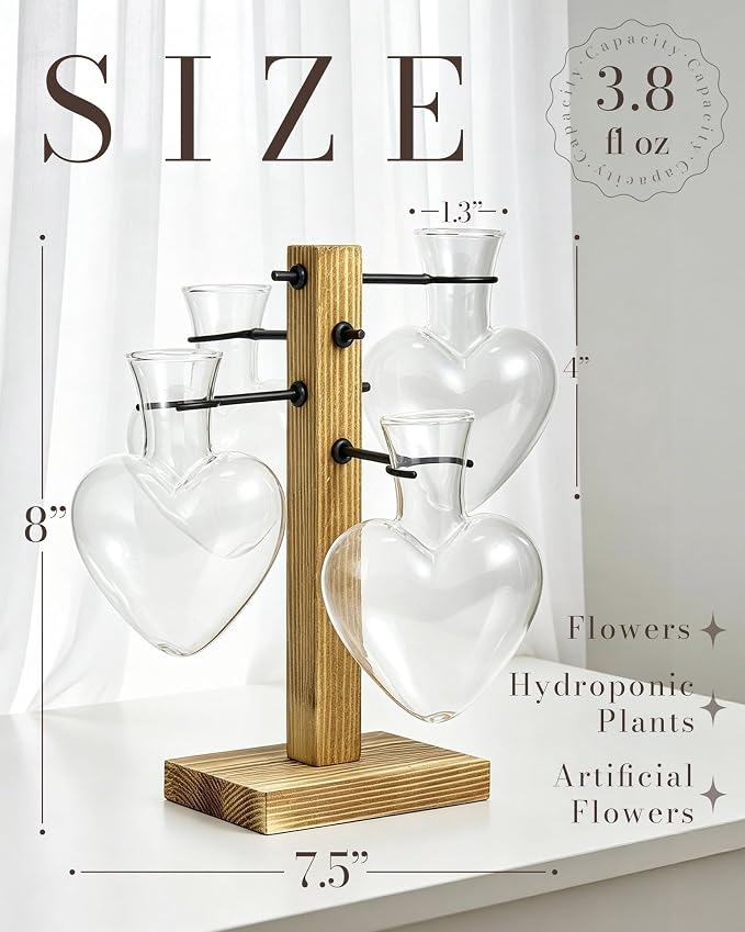 Plant Propagation Stations with Wood Stand, Plant Terrarium for Home Office Garden Decor, Gardening Gifts for Plant Lovers, 4 Glass Propagation Vases (Love Shape)