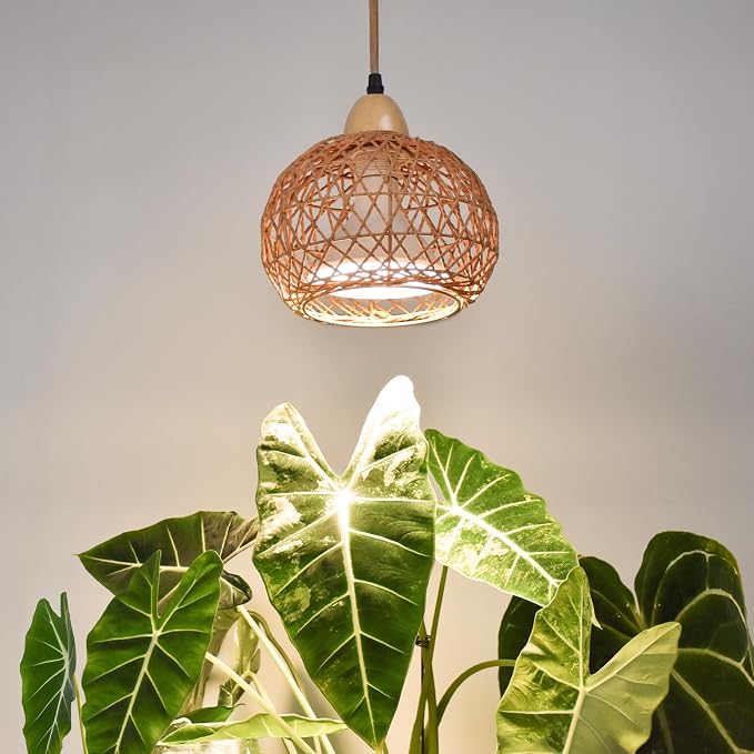 Bstrip Hanging Grow Lights for Indoor Plants, 18W Full Spectrum Plant Light with 4H/9H/14H Timer 15.9 FT Power Cord & Boho Rattan Shade, 3800K Hanging Lights for Indoor Plant, Tall Plant, Flowers