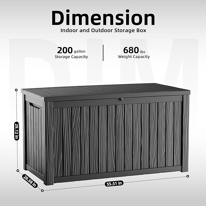 200 Gallon Outdoor Storage Box Waterproof, Resin Lockable Deck Box with Lid, Large Capacity Weatherproof Container for Patio Furniture Pool Accessories, Side Table(Black, 200 Gallon)