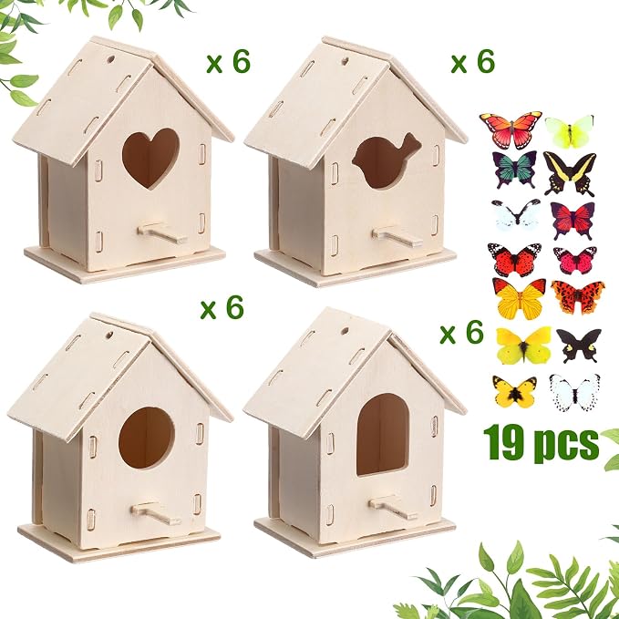 Outus 24 Pcs Wooden DIY Birdhouse Kits for Kids to Build, 4 Shapes Birdhouse Kit Wooden Unfinished with Butterfly Sticker for Boy Girl Arts Crafts(Lovely)