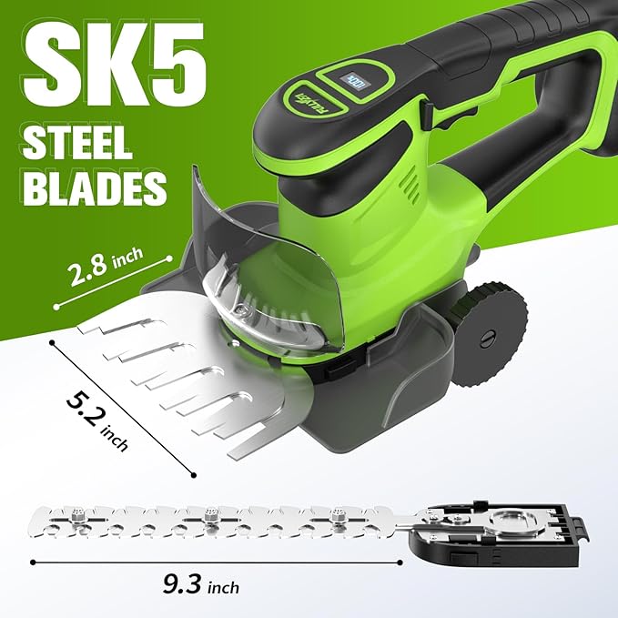 FULLYEA Cordless Hedge Trimmer, 2-in-1 Electric Bush Trimmer & Grass Shear, Lightweight Hedge Cutter with 2 * 2.0Ah Batteries & Charger, Battery Powered Grass Trimmer, Handheld Shrub Trimmer (Green)