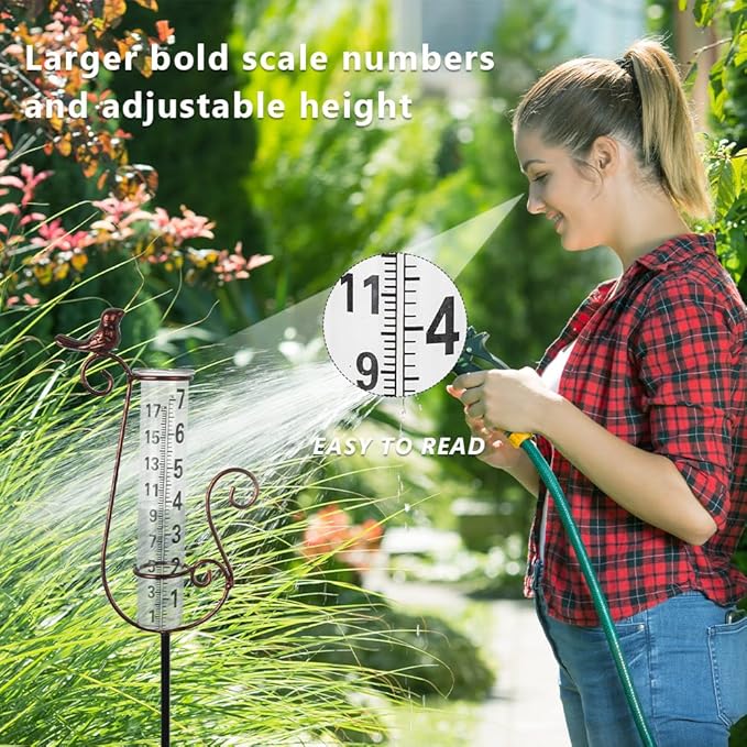 Rain Gauge Outdoor with 7 Inch Glass Tube, Rain Gauges Large Clear Numbers Measure Gauge for Yard, Garden, Lawn(Cardinal)